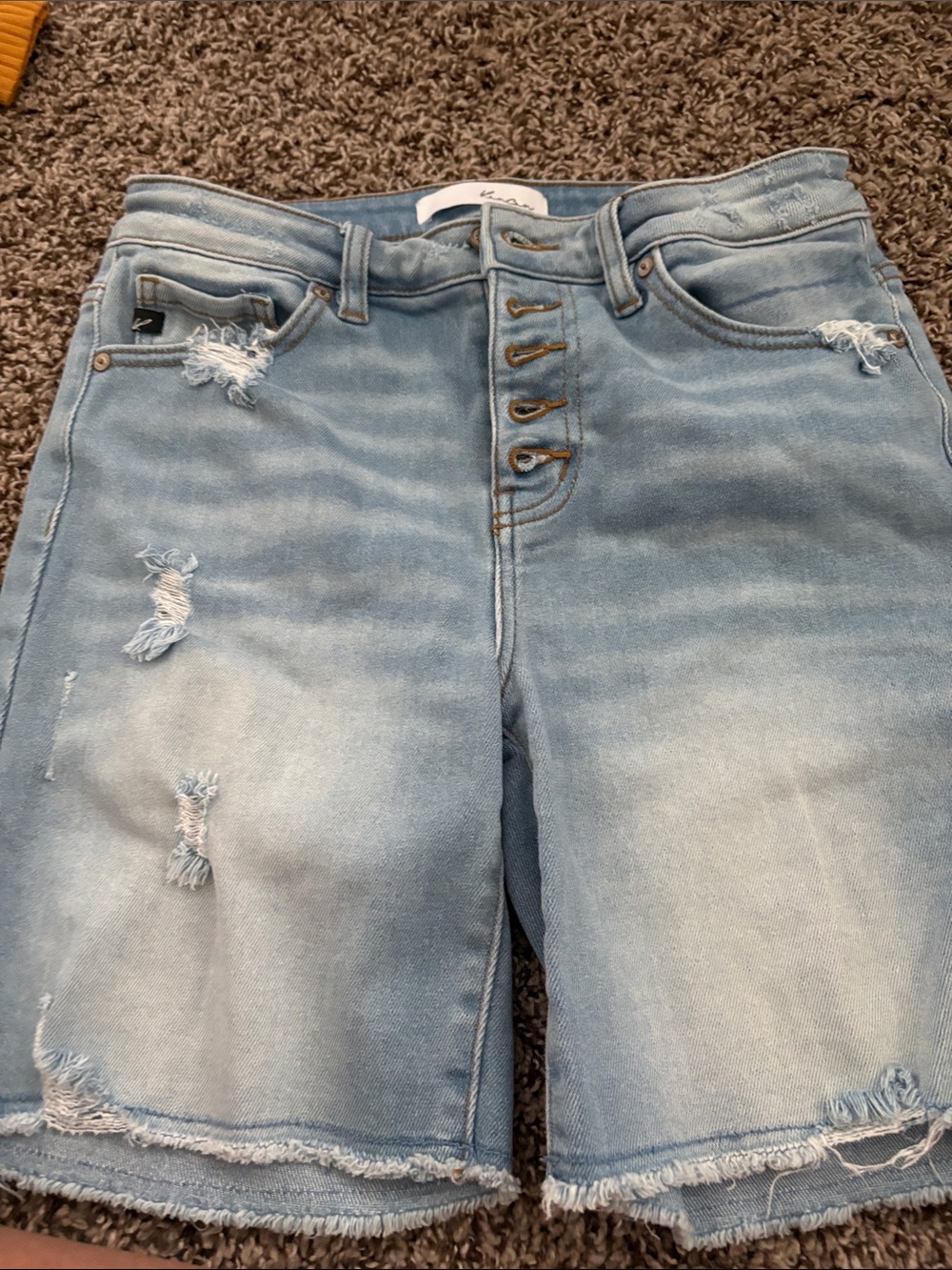 High-Rise Light Blue Distressed Denim Bermuda Shorts